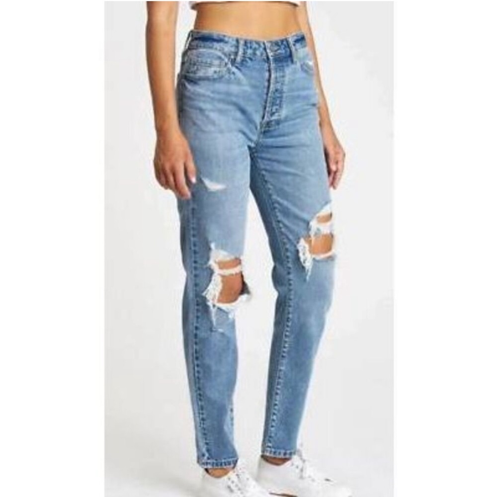 Eunina Blue Distressed Super High Rise Mom Jeans